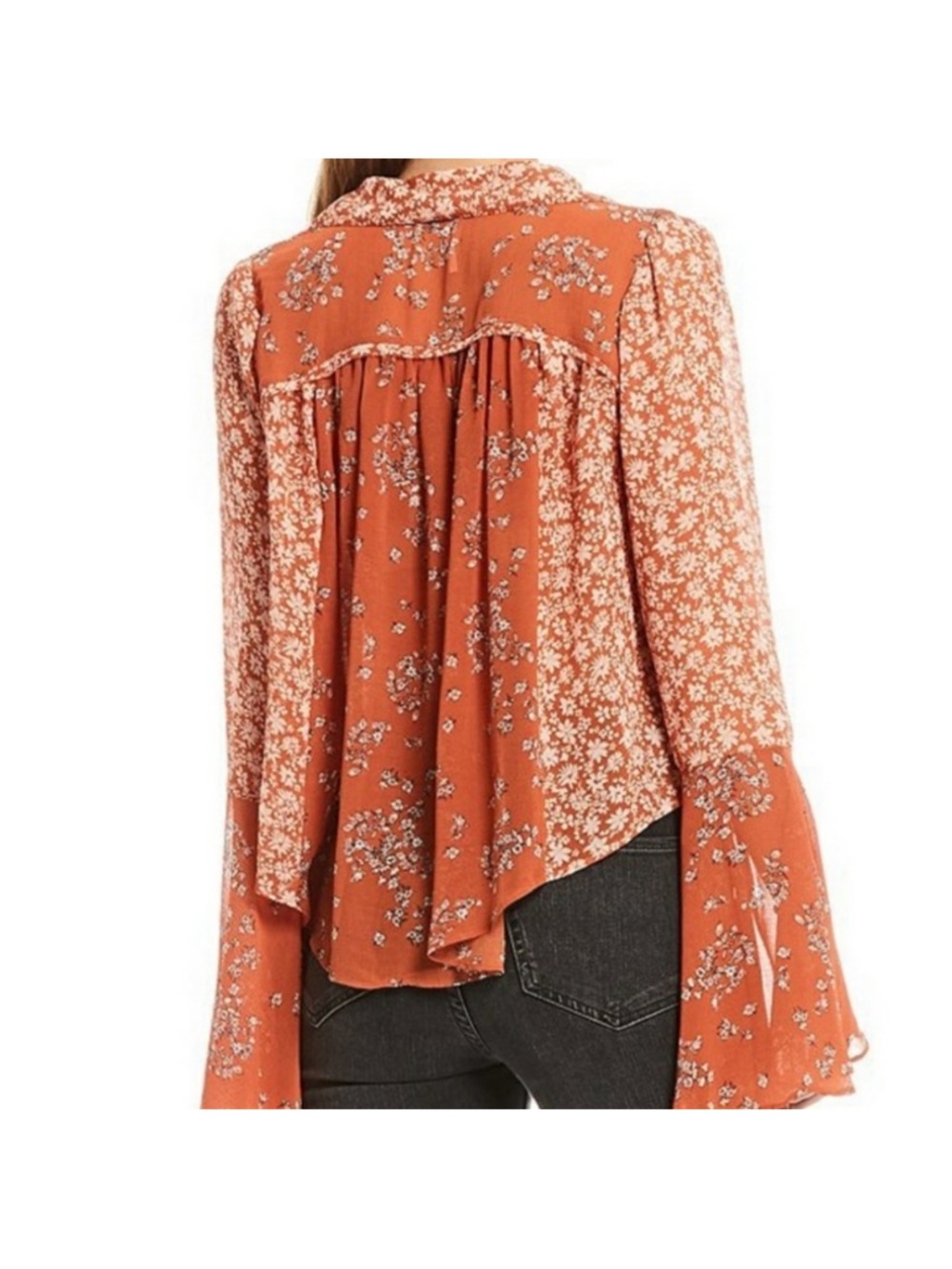 Free people Serena Floral Tie-Front Bell Sleeve Top - Rust - Picture 4 of 9